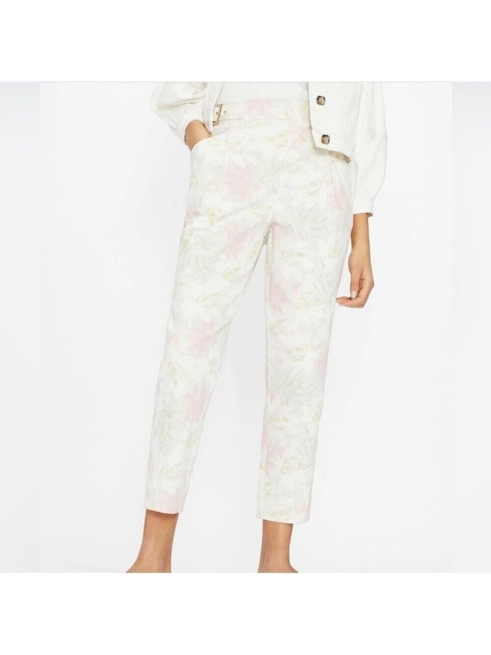 Ted Baker London Aphraa Floral Print Buckle Waist Band Tapered Trouser